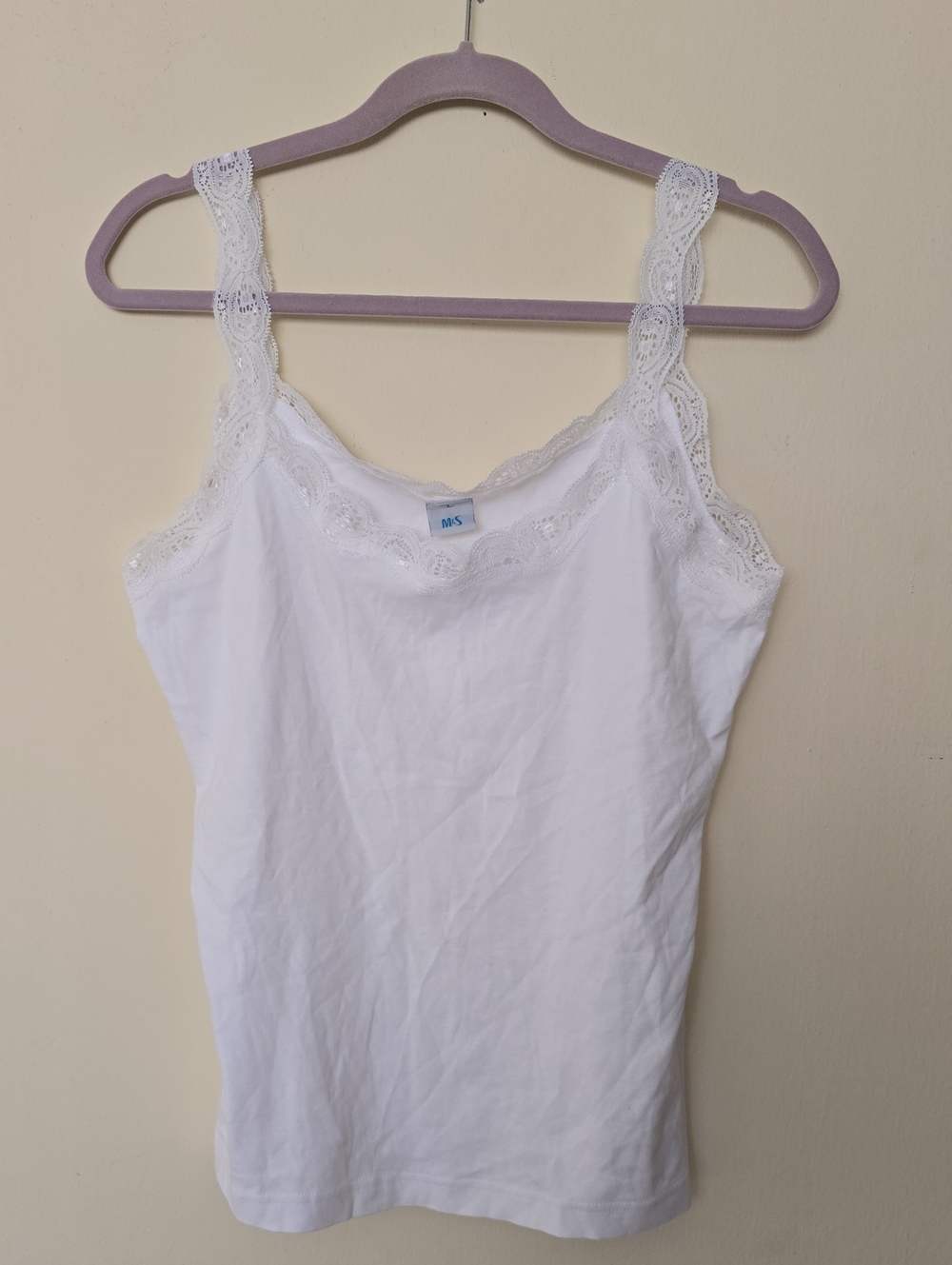 NWOT M&S Cotton Tank Top Camisole with Lovely Lace Trim Soft Sexy Casual Size L